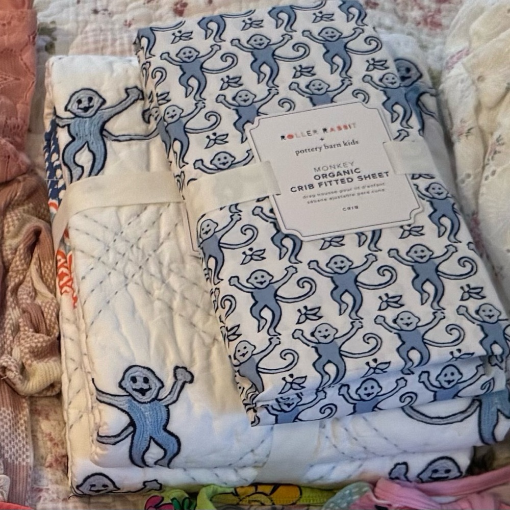 Pottery Barn Kids x Roller Rabbit crib fitted sheet and toddler quilt